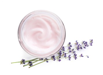 Photo of Jar of hand cream and lavender on white background, top view