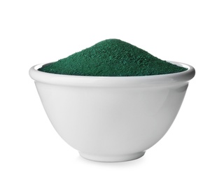 Photo of Bowl with spirulina algae powder on white background
