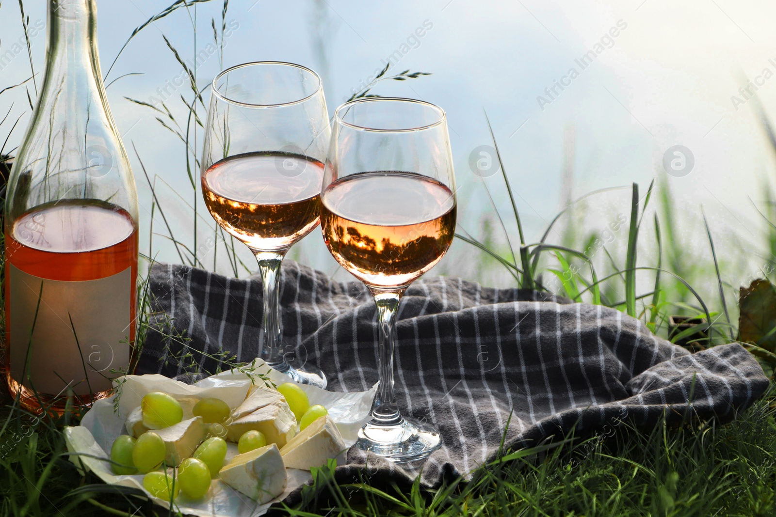Photo of Delicious rose wine, cheese and grapes on picnic blanket near lake, closeup