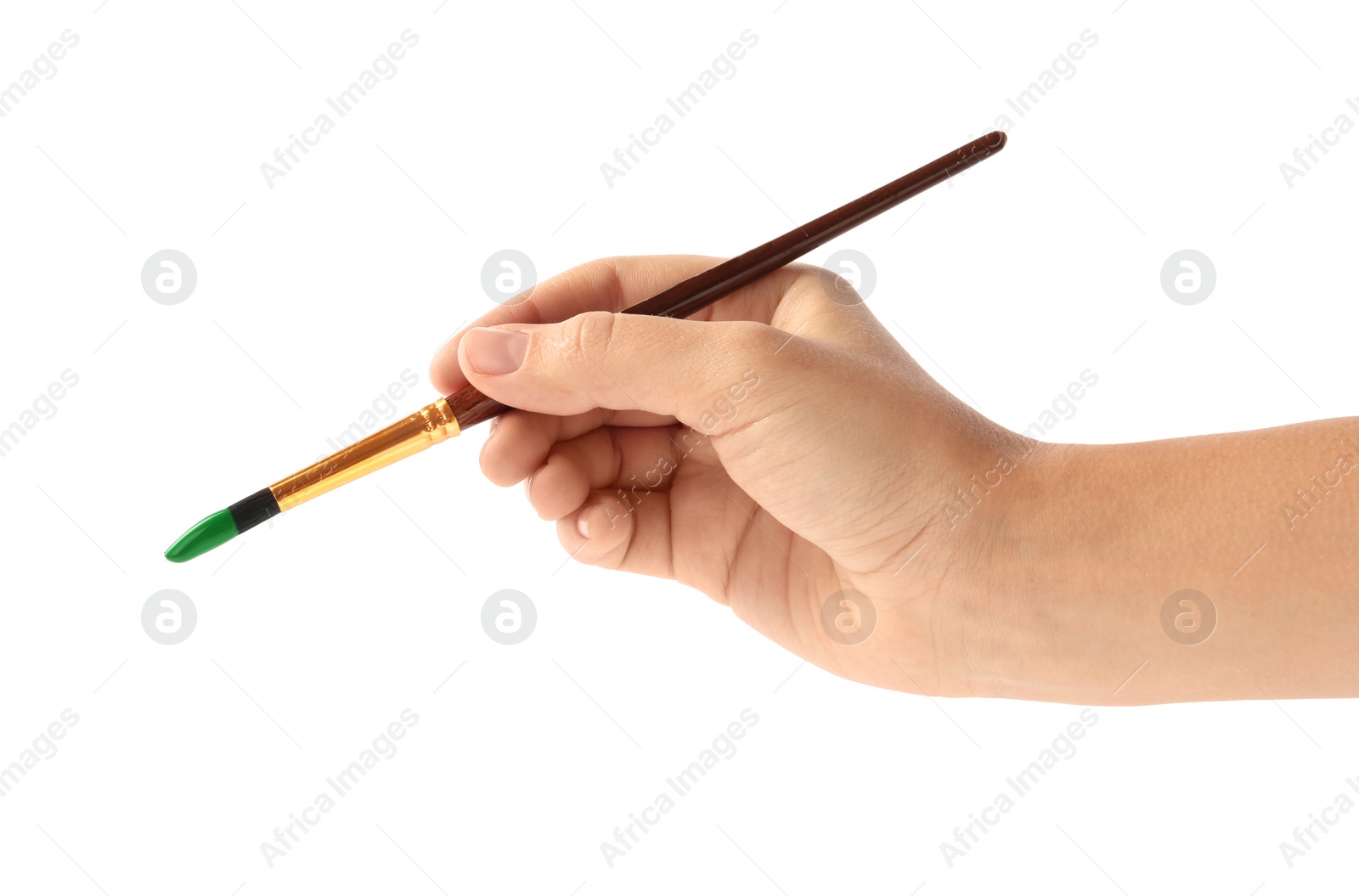 Photo of Young woman holding brush with color paint on white background, closeup