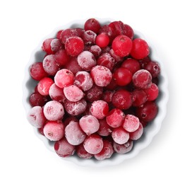 Frozen red cranberries in bowl isolated on white, top view