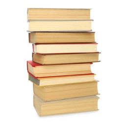 Stack of library books on white background