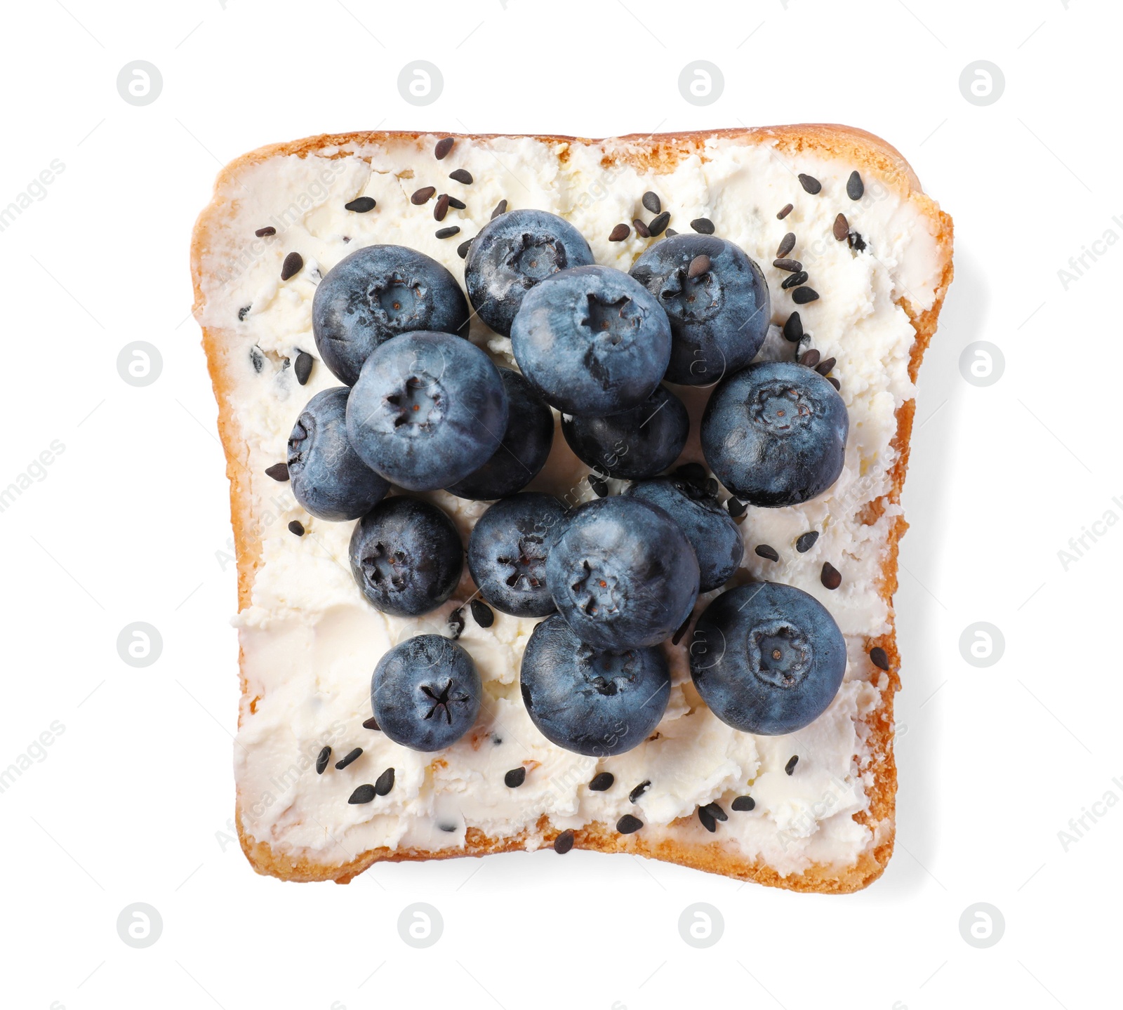 Photo of Delicious toast with cream cheese, blueberries and black sesame seeds isolated on white, top view