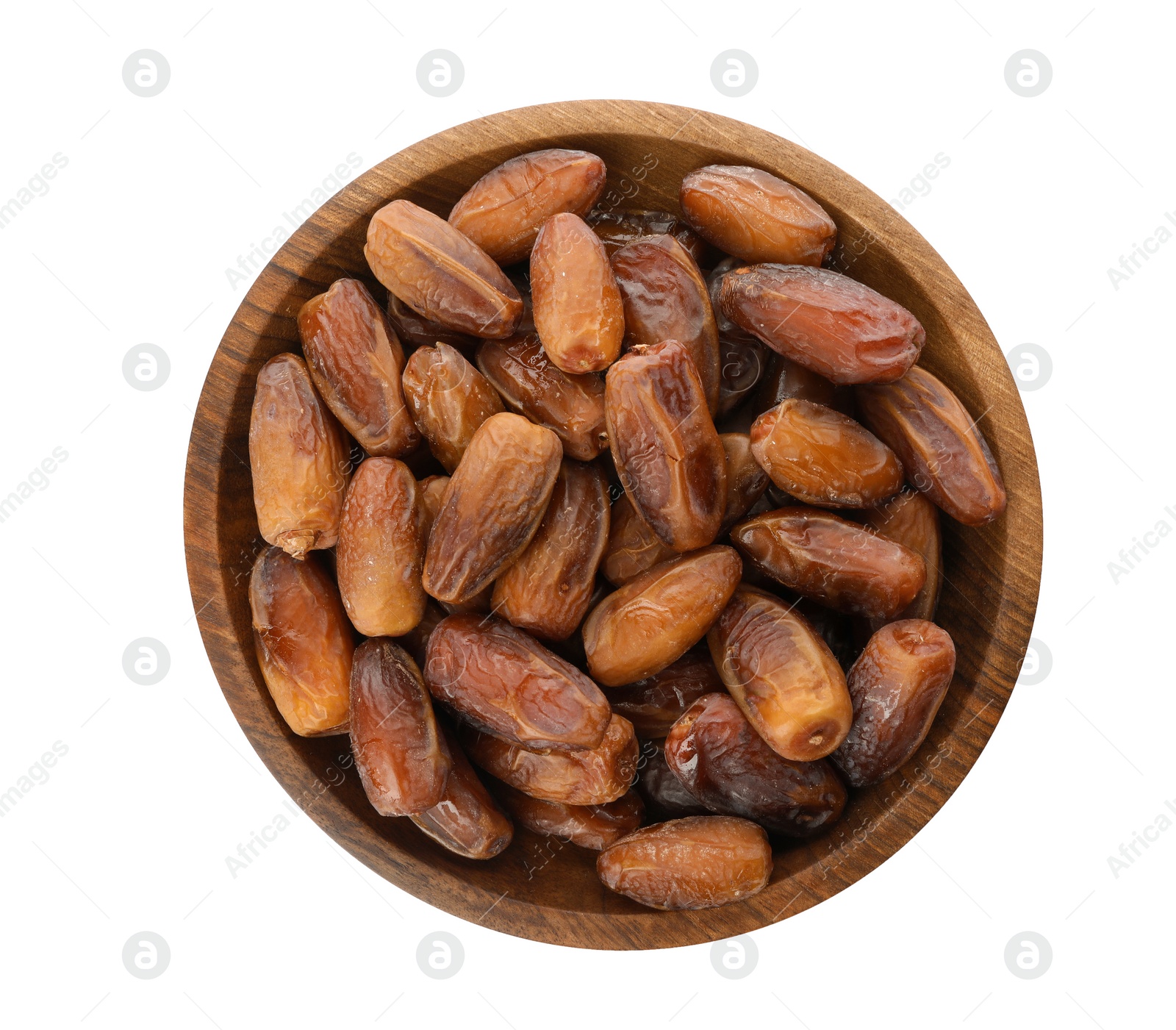 Photo of Bowl with sweet dates on white background, top view. Dried fruit as healthy snack