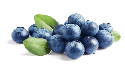 Photo of Fresh raw tasty blueberries with leaves isolated on white