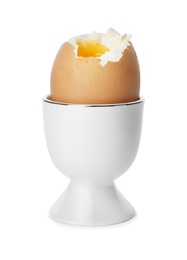 Holder with soft boiled egg on white background