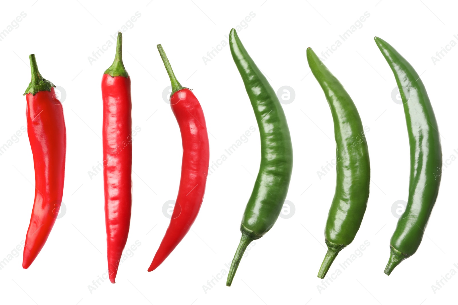 Image of Set with red and green hot chili peppers on white background