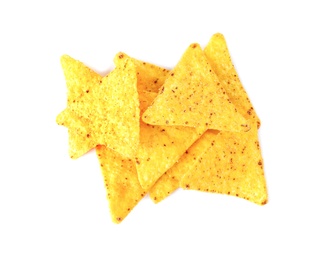Photo of Pile of tasty Mexican nachos chips on white background, top view
