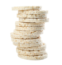 Photo of Stack of puffed rice cakes isolated on white