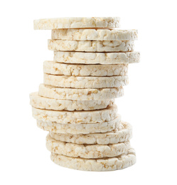 Stack of puffed rice cakes isolated on white