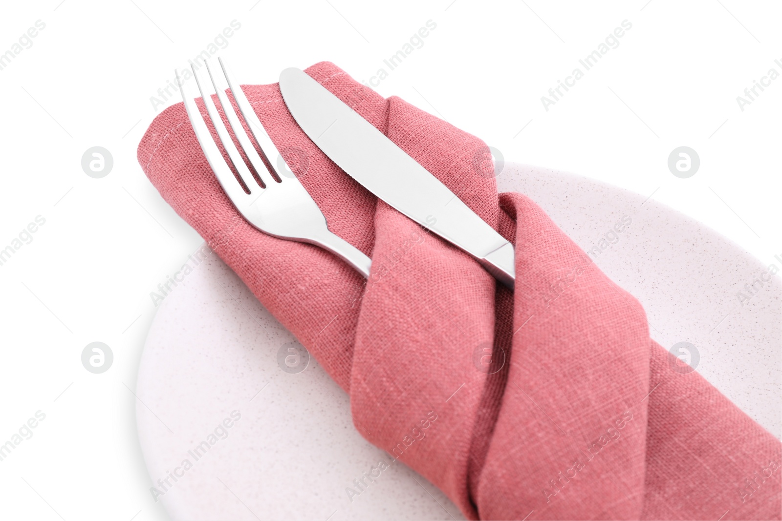 Photo of Plate with clean cutlery and napkin isolated on white