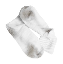 Photo of Pair of dirty socks on white background, top view