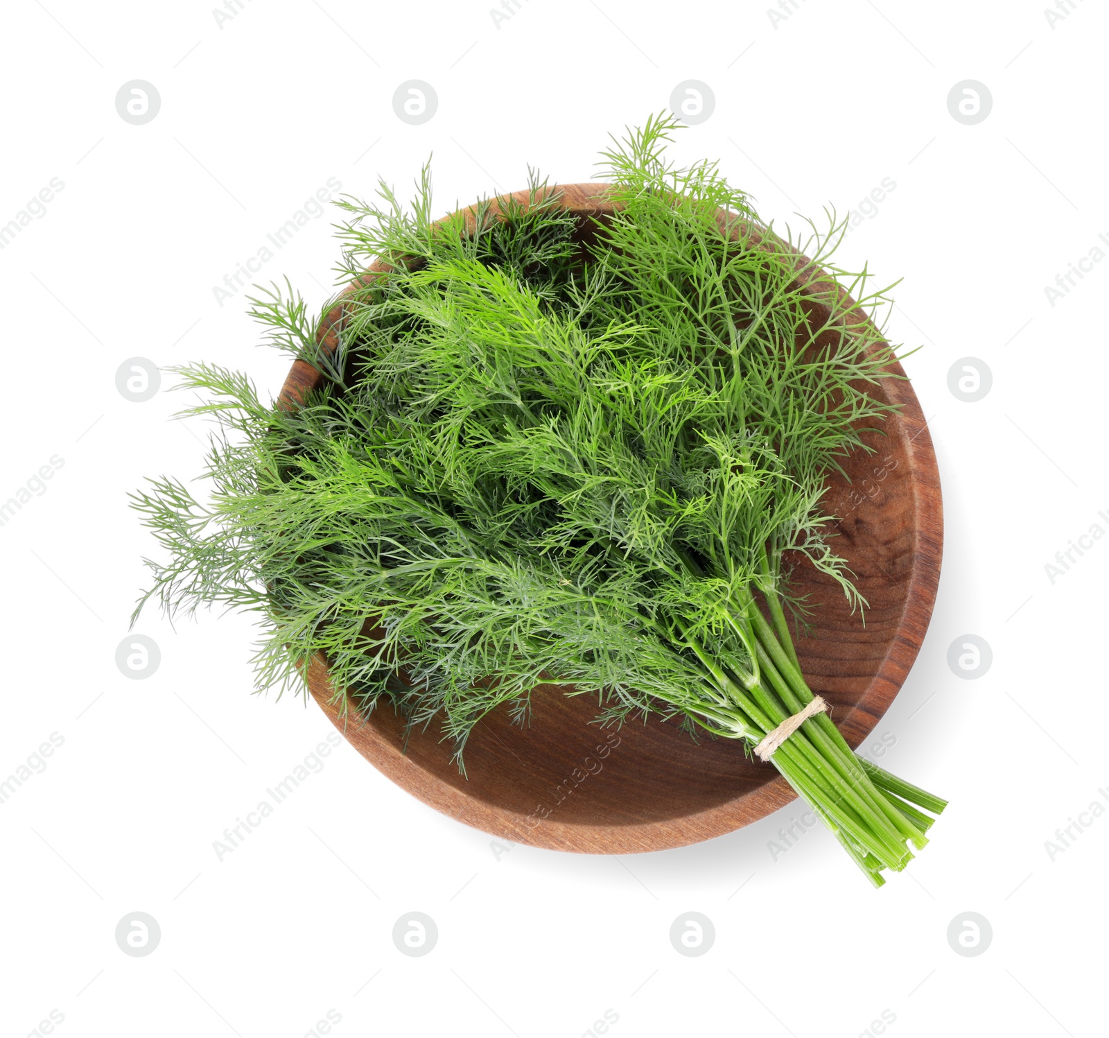 Photo of Bowl with bunch of fresh dill isolated on white, top view