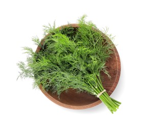 Bowl with bunch of fresh dill isolated on white, top view