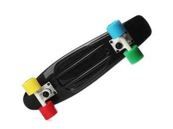Photo of Black skateboard with colorful wheels isolated on white