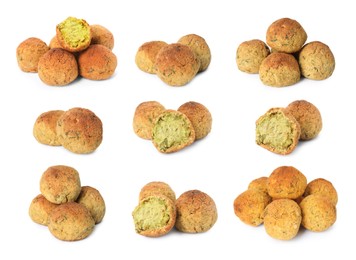 Image of Set with delicious deep fried falafel balls on white background 