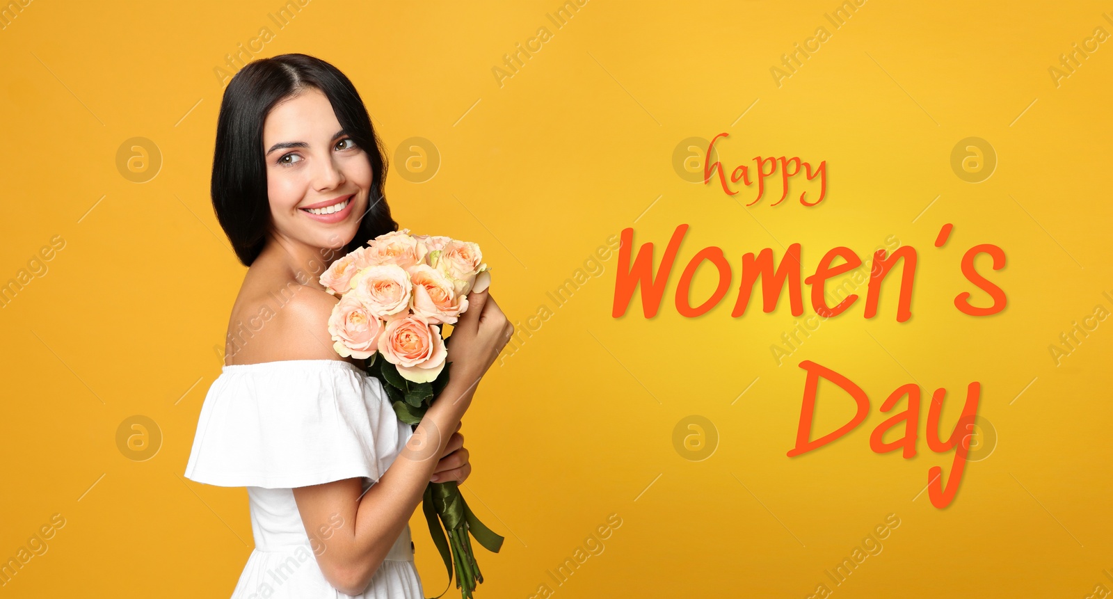 Image of Happy Women's Day, Charming lady holding bouquet of beautiful flowers on golden background