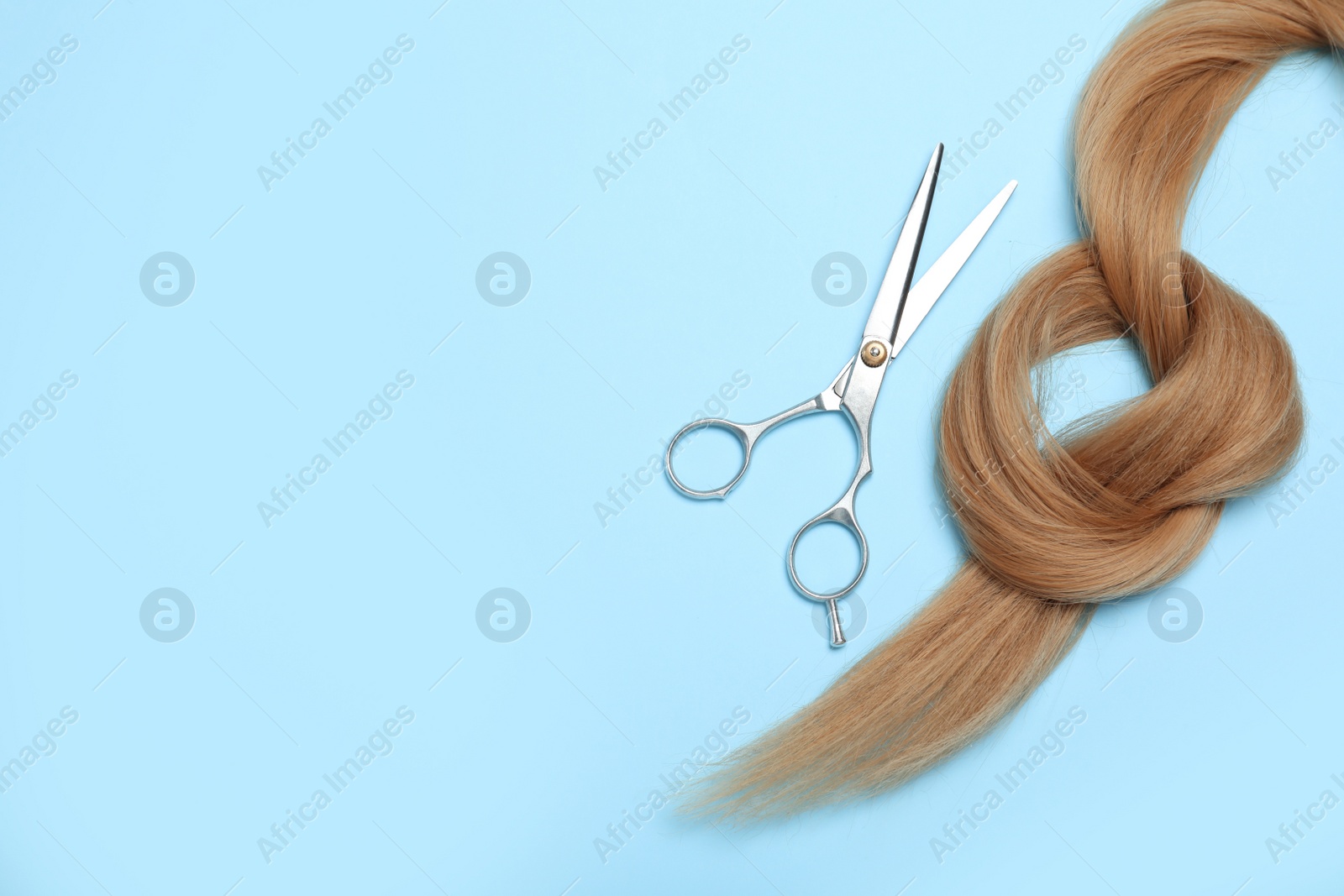 Photo of Professional hairdresser scissors and hair strand on turquoise background, flat lay with space for text. Haircut tool