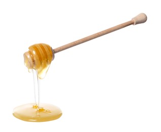 Photo of Natural honey dripping from dipper on white background