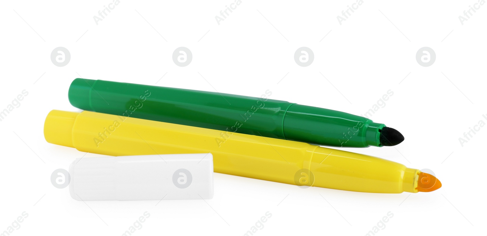 Photo of Different stylish colorful markers and caps on white background