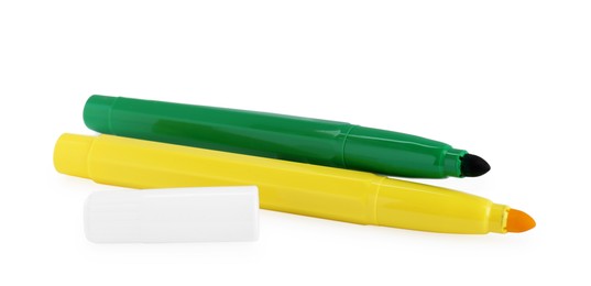Photo of Different stylish colorful markers and caps on white background