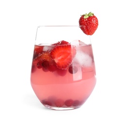 Photo of Glass of natural lemonade with berries on white background