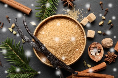 Different spices and fir tree branches on black table, flat lay. Brown sugar, vanilla, cinnamon, anise, cardamom, cloves