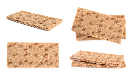 Set with fresh crunchy rye crispbreads on white background. Banner design