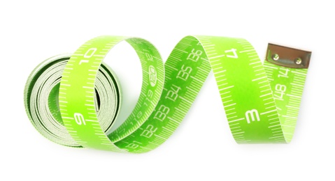 Green measuring tape isolated on white, top view