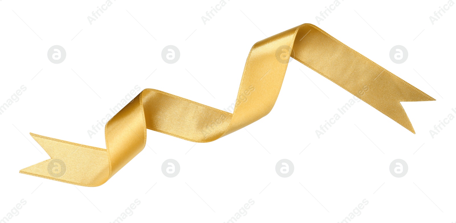 Photo of Golden satin ribbon on white background, top view