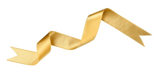 Photo of Golden satin ribbon on white background, top view