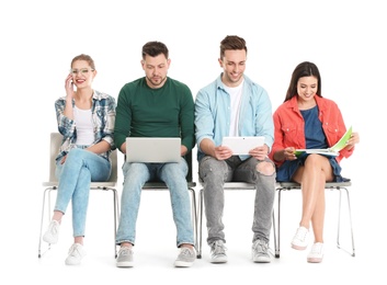 Group of people waiting for job interview on white background