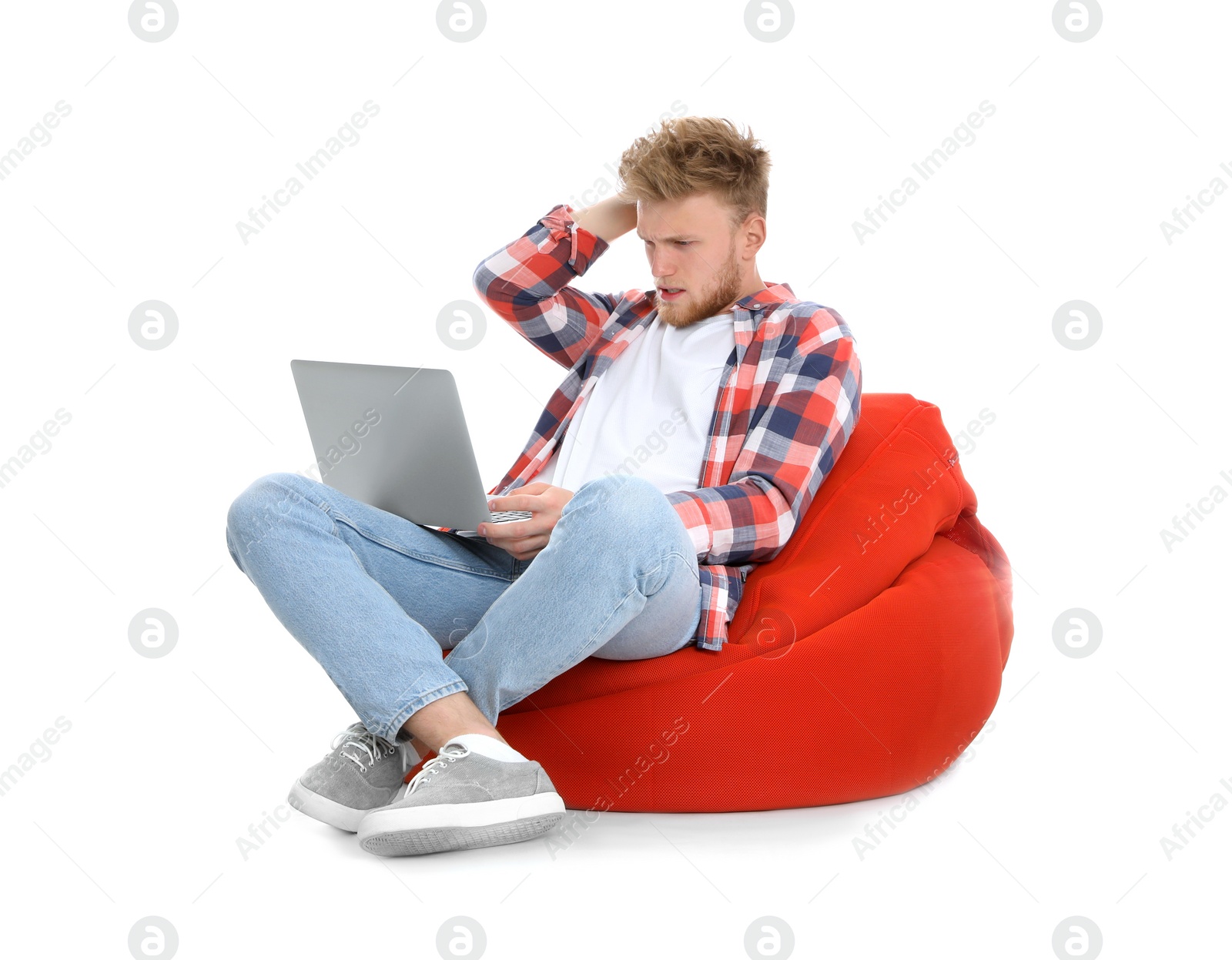 Photo of Emotional man with laptop on white background