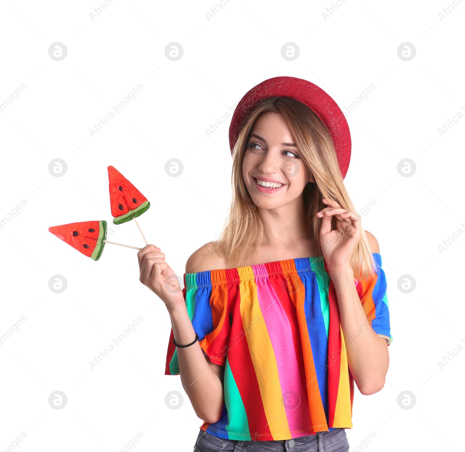 Photo of Young pretty woman with candies on white background