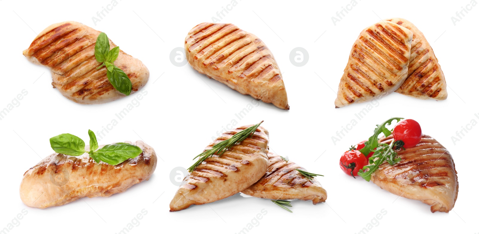 Image of Set of grilled chicken breasts on white background. Banner design