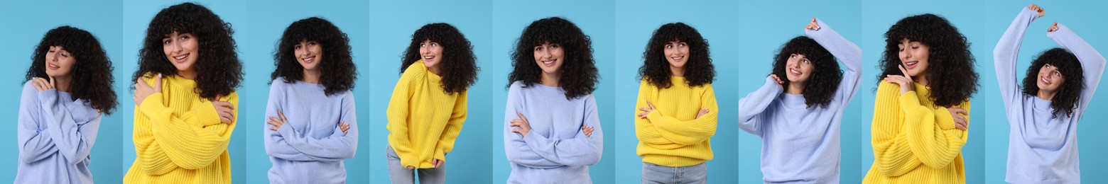 Happy woman in warm sweaters on light blue background, set of photos