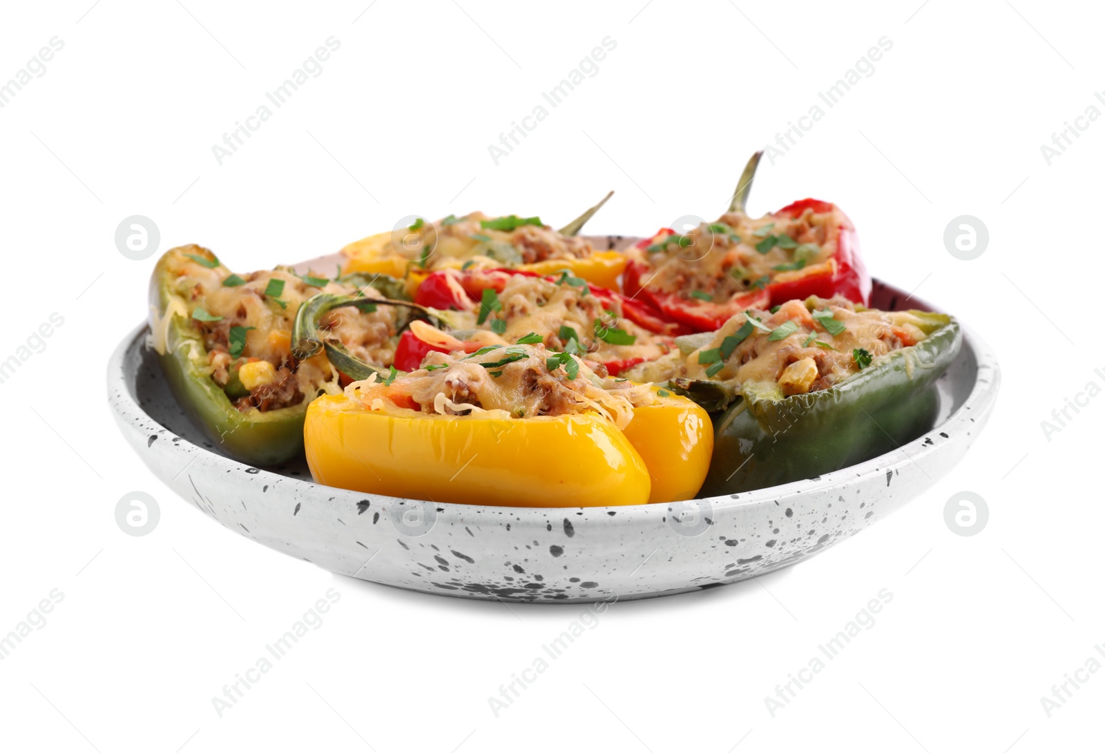 Photo of Tasty stuffed bell peppers isolated on white