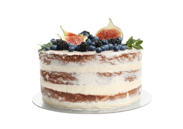 Photo of Delicious homemade cake with fresh berries on white background