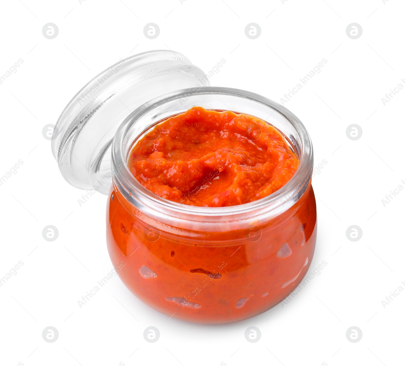 Photo of Fresh marinade in jar isolated on white