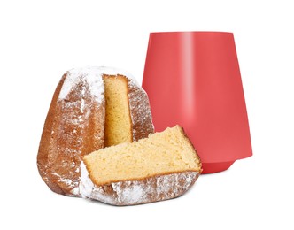 Photo of Delicious Pandoro cake decorated with powdered sugar and box isolated on white. Traditional Italian pastry