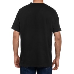 Man in black t-shirt on white background, back view