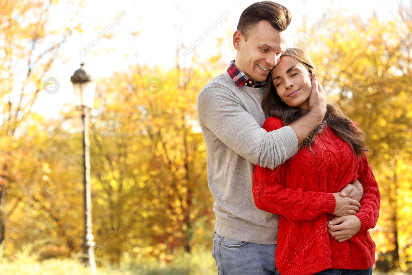 Photo of Happy couple in sunny park. Autumn walk