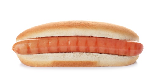 Photo of Fresh tasty hot dog on white background