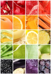 Image of Different fresh fruits, vegetables and berries, collage 