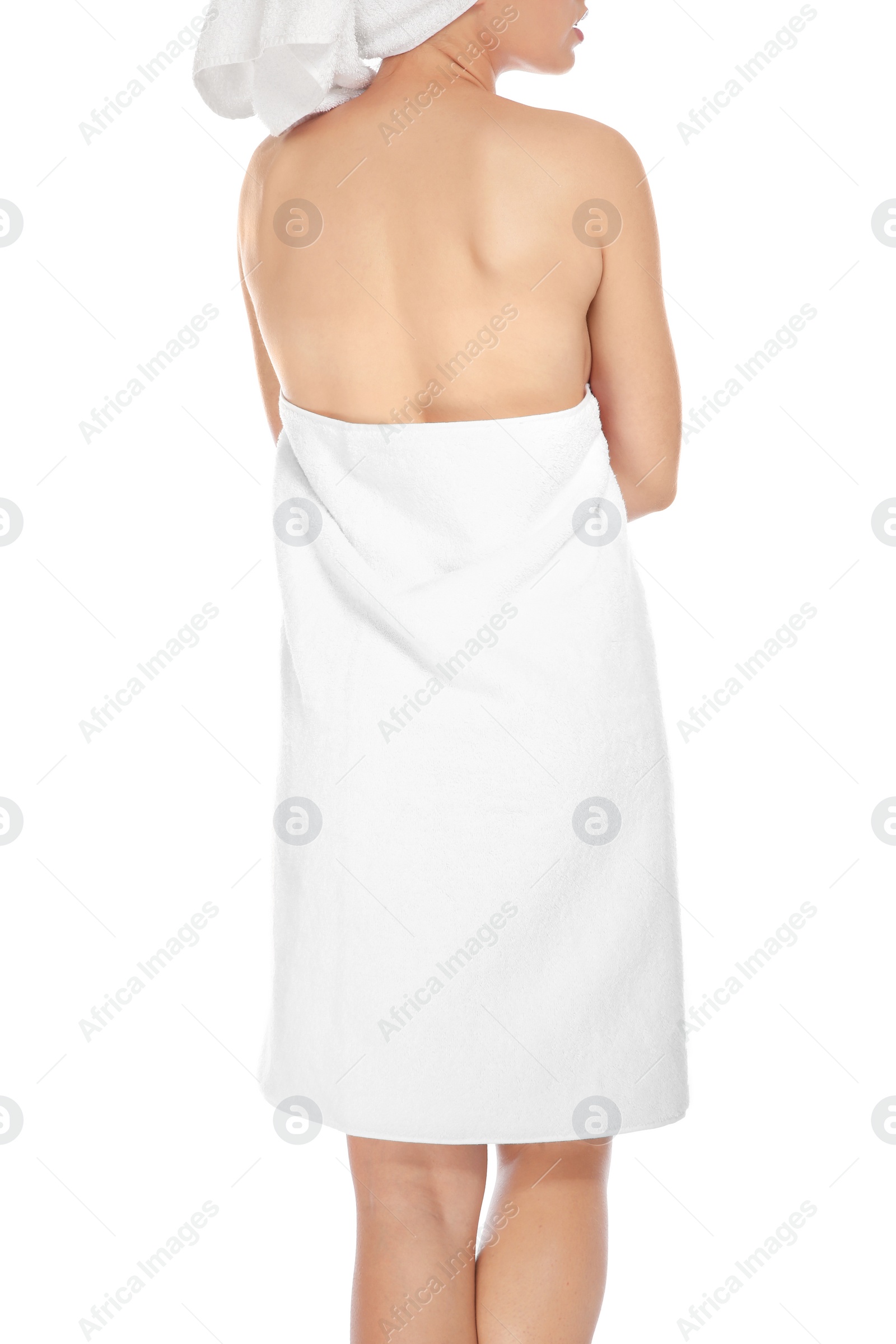 Photo of Young sensual woman with towel on white background