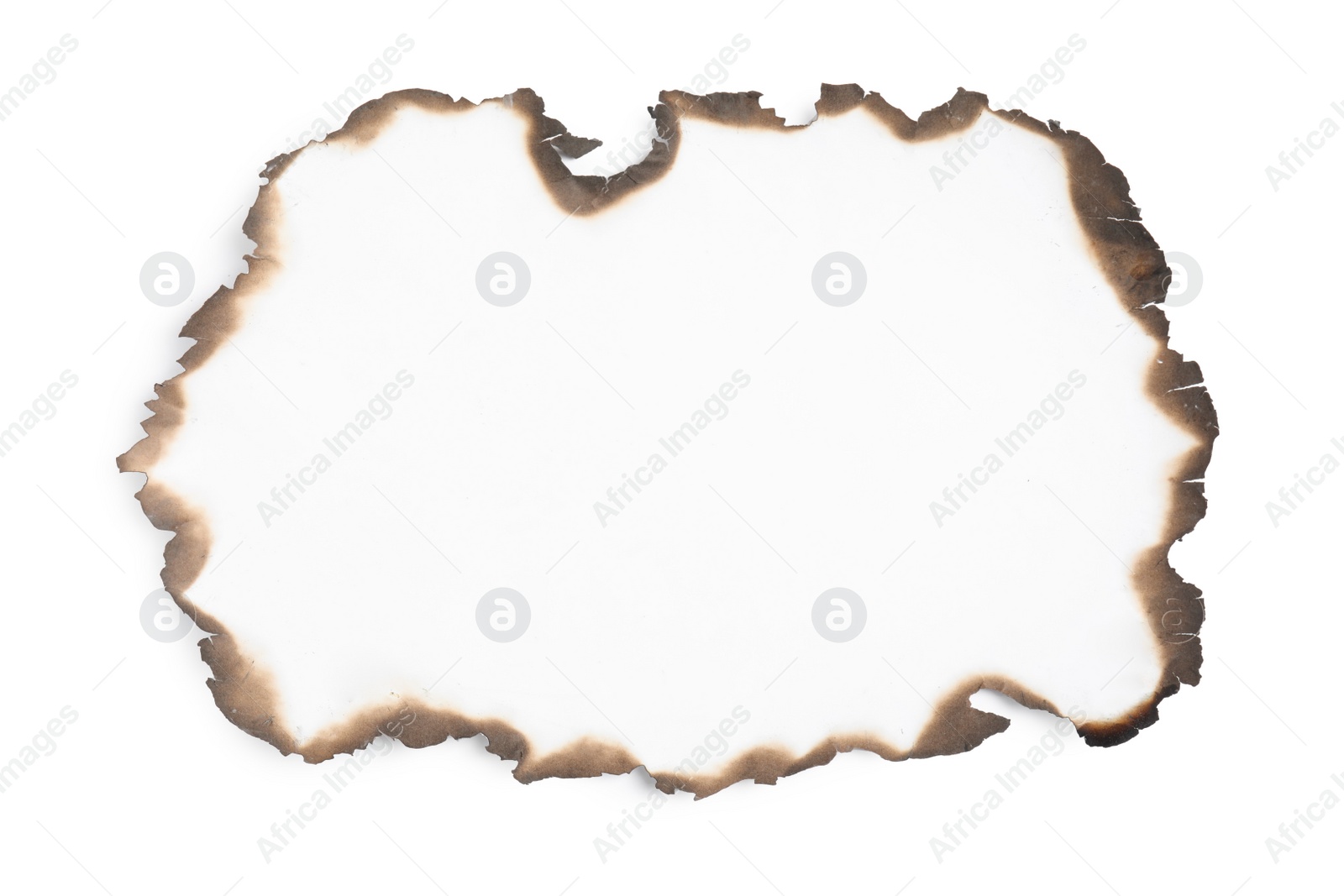 Photo of Piece of paper with dark burnt borders on white background, top view. Space for text