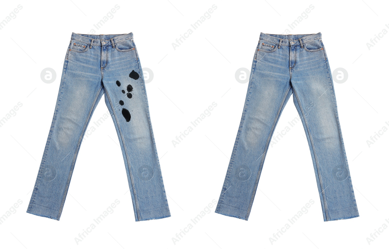 Image of Collage with dirty and clean jeans isolated on white. Before and after washing