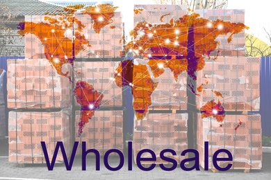 Wholesale business. World map and blurred view of pallets with red bricks on background