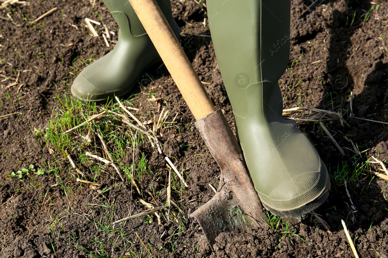 Photo of Man digging soil with shovel in field, closeup