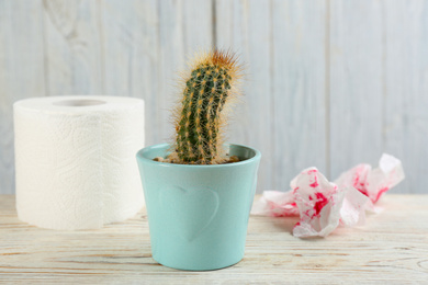 Photo of Cactus and toilet paper on white wooden table. Hemorrhoid problems